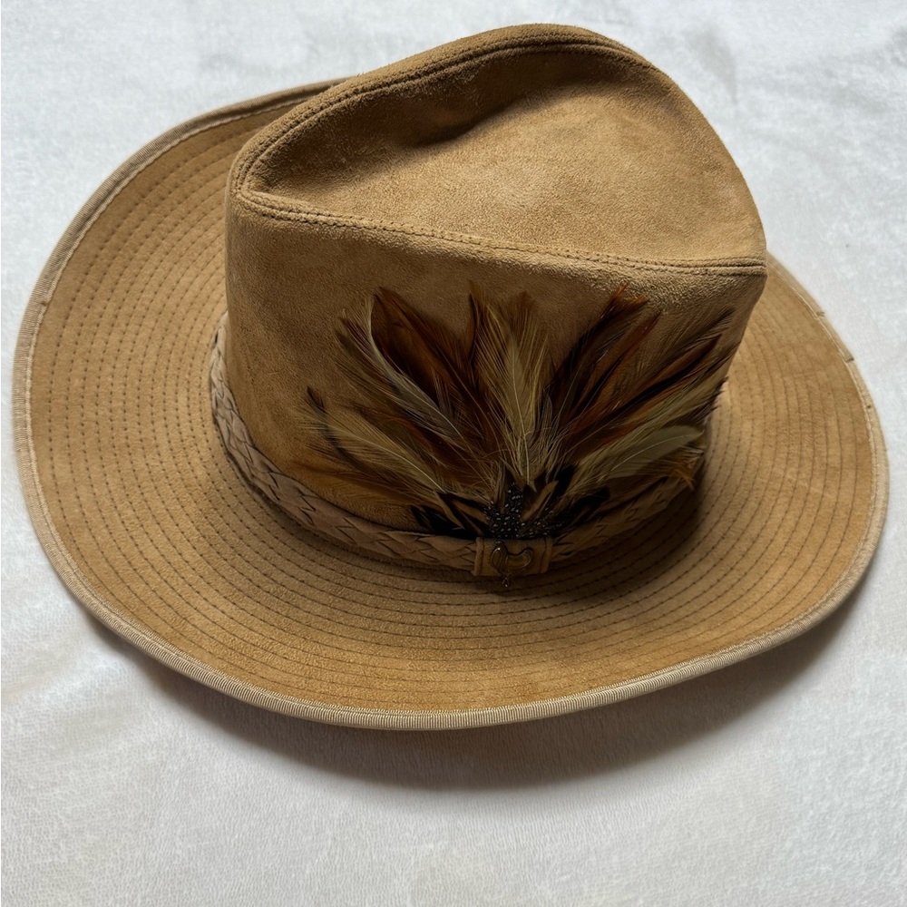 Tan Suede Cowboy Western Hat with Feather Accent